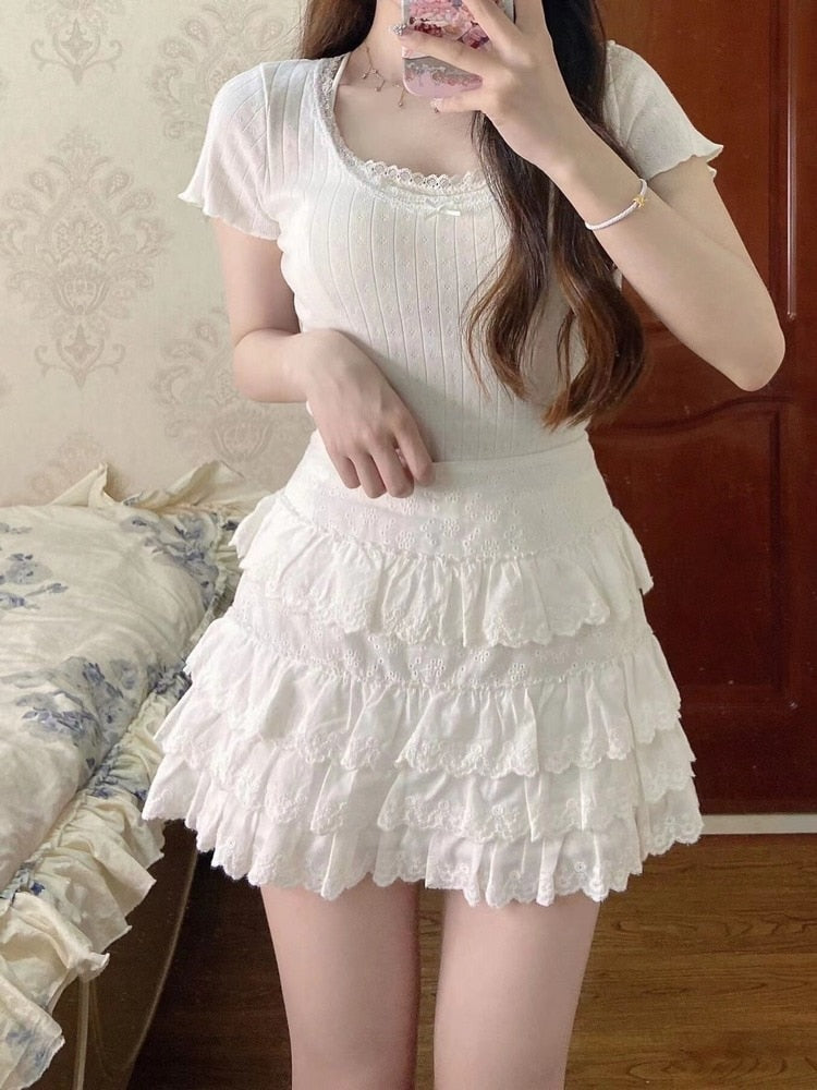 Summer Lace Trim Bow White Set (Sold Separately) Clothing and Accessories by The Kawaii Shoppu | The Kawaii Shoppu