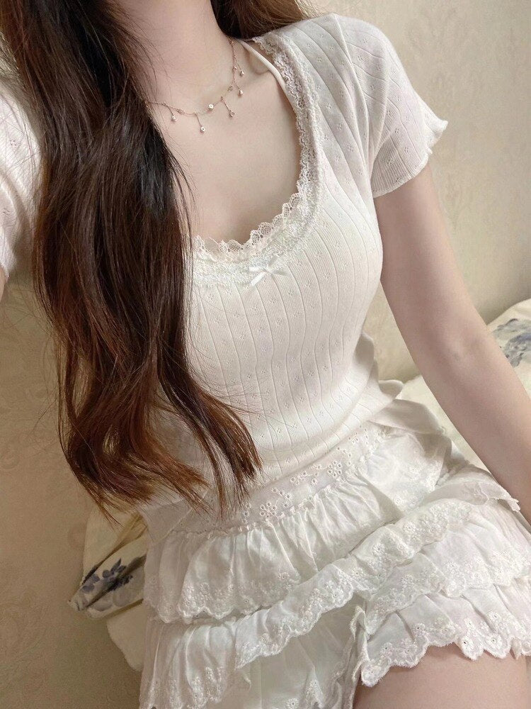 Summer Lace Trim Bow White Set (Sold Separately) Clothing and Accessories by The Kawaii Shoppu | The Kawaii Shoppu