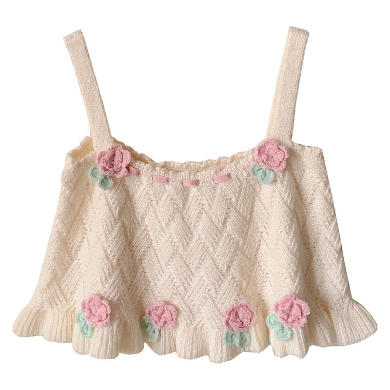 Sweet Girl Retro Loose Knitted Crop Top Beige Crop Top One Size Clothing and Accessories by The Kawaii Shoppu | The Kawaii Shoppu