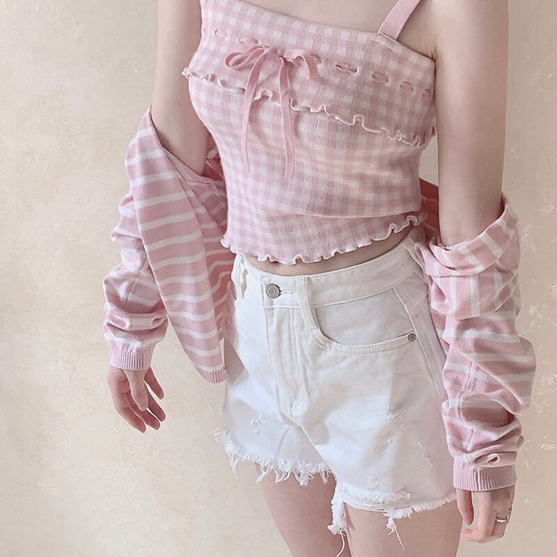 Sweet Girl Summer Lace-up Plaid Crop Top One Size Clothing and Accessories by The Kawaii Shoppu | The Kawaii Shoppu