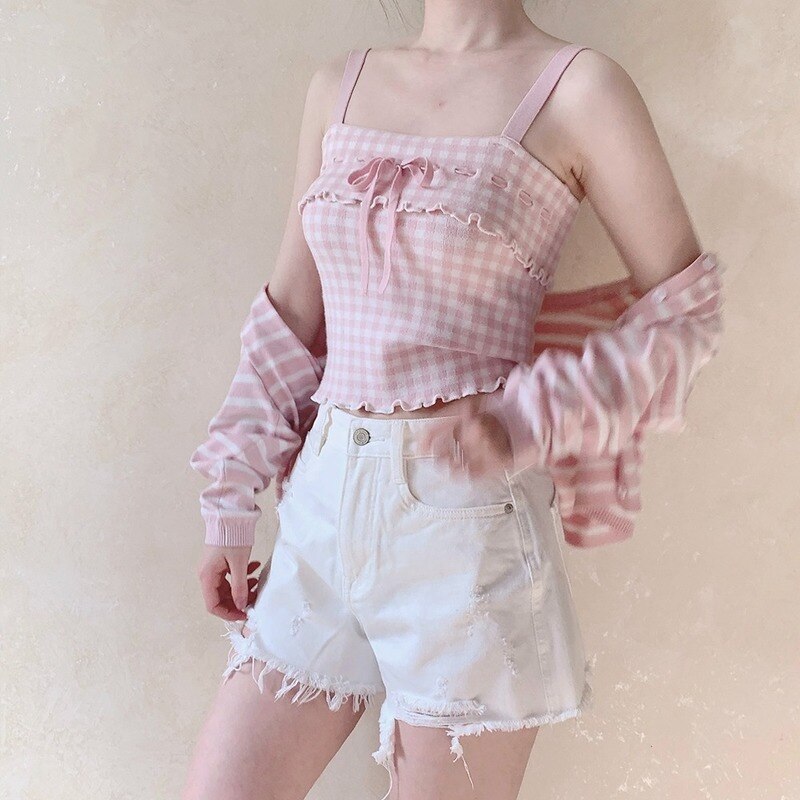 Sweet Girl Summer Lace-up Plaid Crop Top One Size Clothing and Accessories by The Kawaii Shoppu | The Kawaii Shoppu