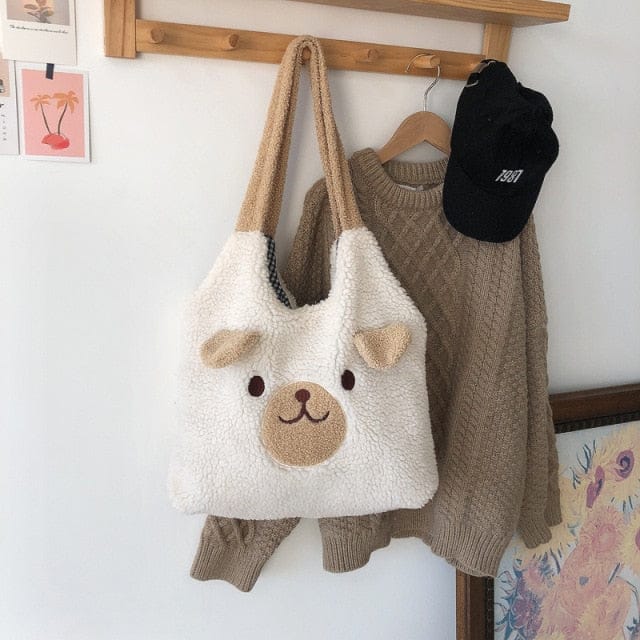 Teddy Winter Soft Plush Tote Bag White Bear Nose Bags The Kawaii Shoppu