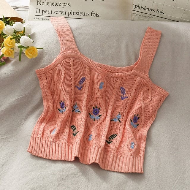 WildFlower Knit Strap Crop Cami CORAL One Size Fashion The Kawaii Shoppu