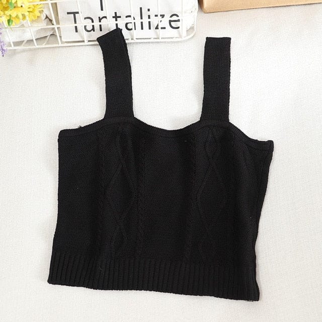 WildFlower Knit Strap Crop Cami PLAIN BLACK One Size Fashion The Kawaii Shoppu