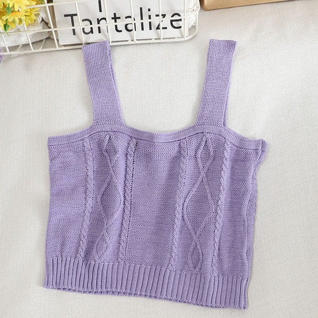 WildFlower Knit Strap Crop Cami PLAIN PURPLE One Size Fashion The Kawaii Shoppu