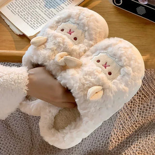 Winter Fluffy Sheep Plush Slippers – Warm Faux Fur Indoor Home Shoes
