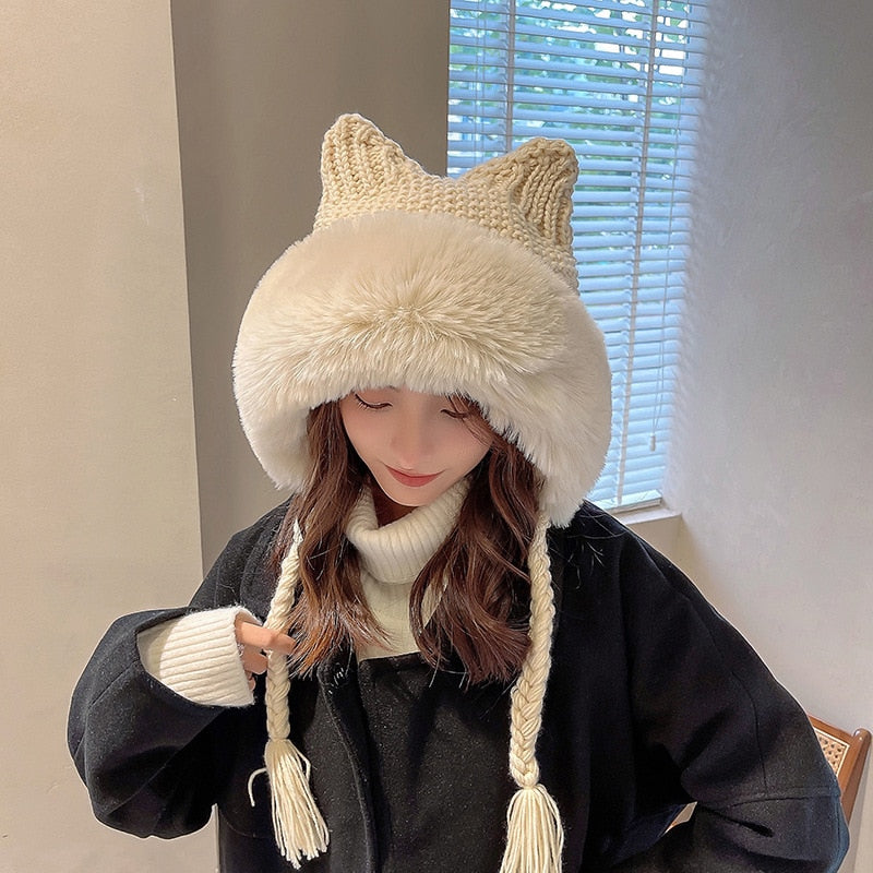 Winter Warm Kitty Ears Plush Wooly Hat Hood Beige One Size Clothing and Accessories by The Kawaii Shoppu | The Kawaii Shoppu