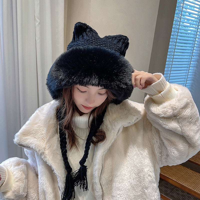 Winter Warm Kitty Ears Plush Wooly Hat Hood Black One Size Clothing and Accessories by The Kawaii Shoppu | The Kawaii Shoppu