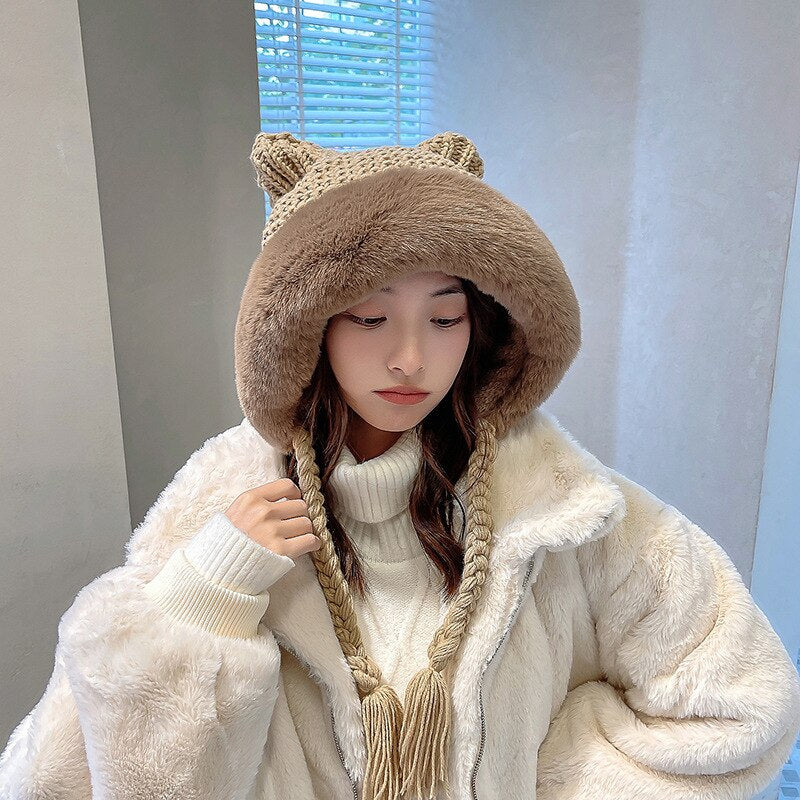 Winter Warm Kitty Ears Plush Wooly Hat Hood Khaki One Size Clothing and Accessories by The Kawaii Shoppu | The Kawaii Shoppu