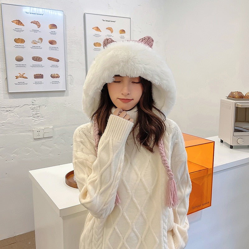 Winter Warm Kitty Ears Plush Wooly Hat Hood One Size Clothing and Accessories by The Kawaii Shoppu | The Kawaii Shoppu