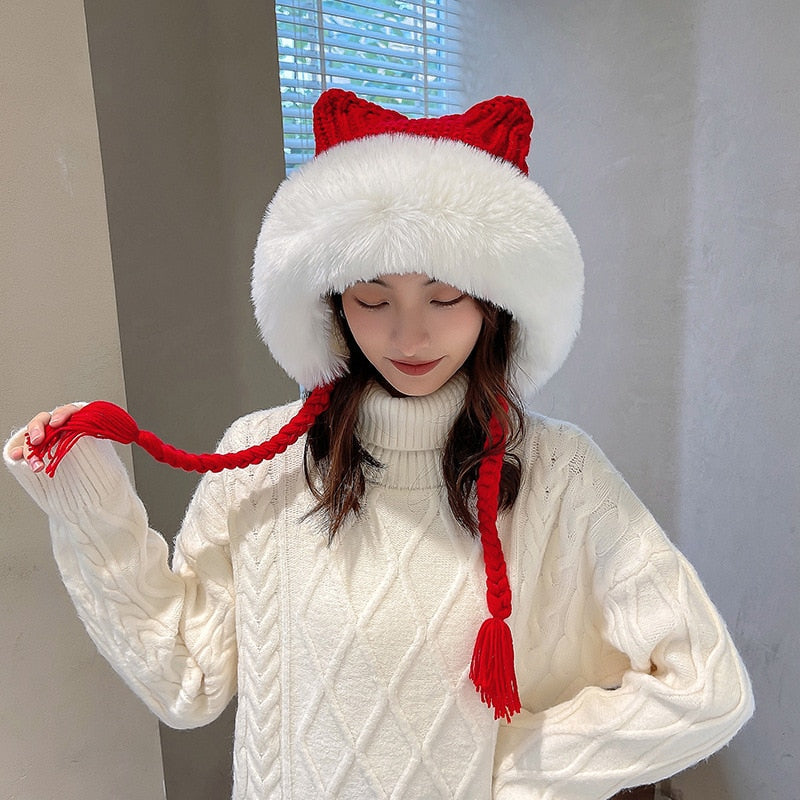 Winter Warm Kitty Ears Plush Wooly Hat Hood One Size Clothing and Accessories by The Kawaii Shoppu | The Kawaii Shoppu