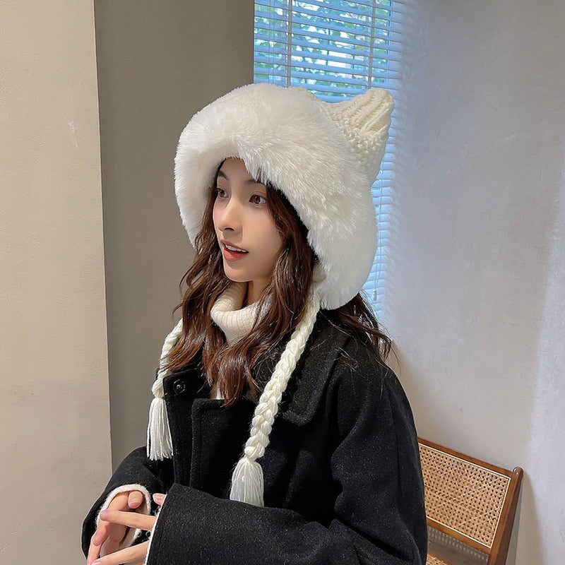 Winter Warm Kitty Ears Plush Wooly Hat Hood One Size Clothing and Accessories by The Kawaii Shoppu | The Kawaii Shoppu