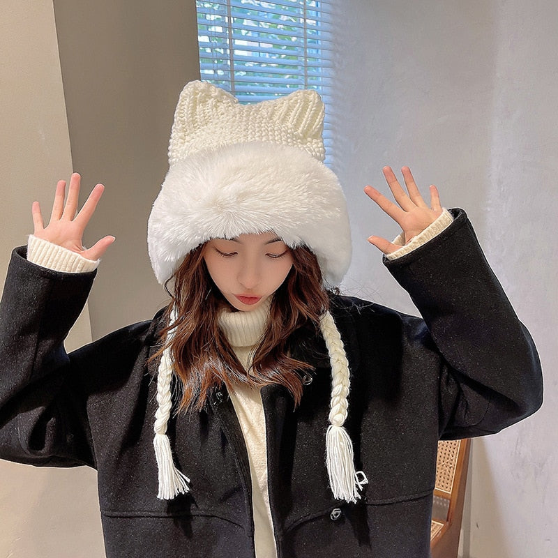 Winter Warm Kitty Ears Plush Wooly Hat Hood One Size Clothing and Accessories by The Kawaii Shoppu | The Kawaii Shoppu