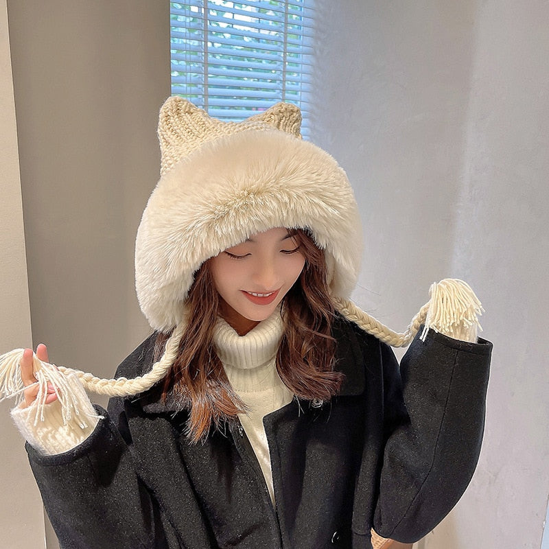 Winter Warm Kitty Ears Plush Wooly Hat Hood One Size Clothing and Accessories by The Kawaii Shoppu | The Kawaii Shoppu