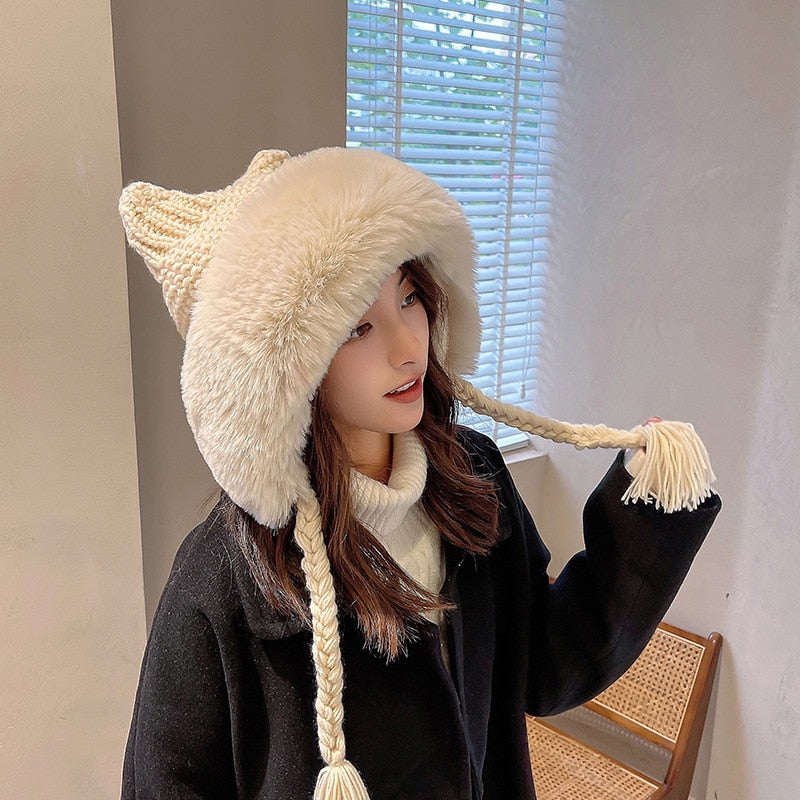 Winter Warm Kitty Ears Plush Wooly Hat Hood One Size Clothing and Accessories by The Kawaii Shoppu | The Kawaii Shoppu