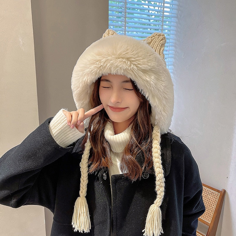 Winter Warm Kitty Ears Plush Wooly Hat Hood One Size Clothing and Accessories by The Kawaii Shoppu | The Kawaii Shoppu