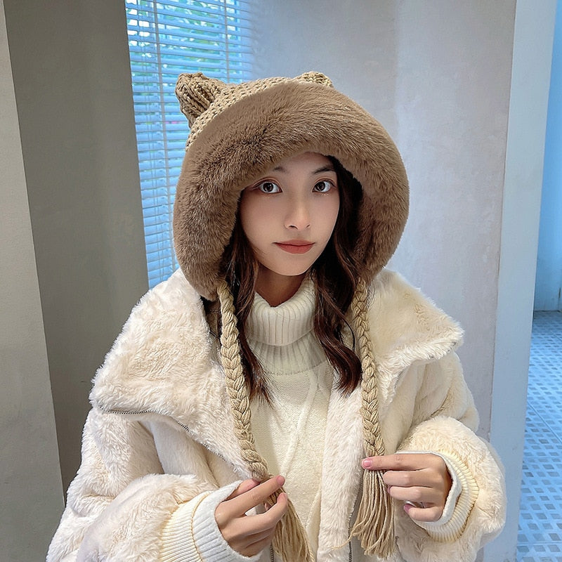 Winter Warm Kitty Ears Plush Wooly Hat Hood One Size Clothing and Accessories by The Kawaii Shoppu | The Kawaii Shoppu