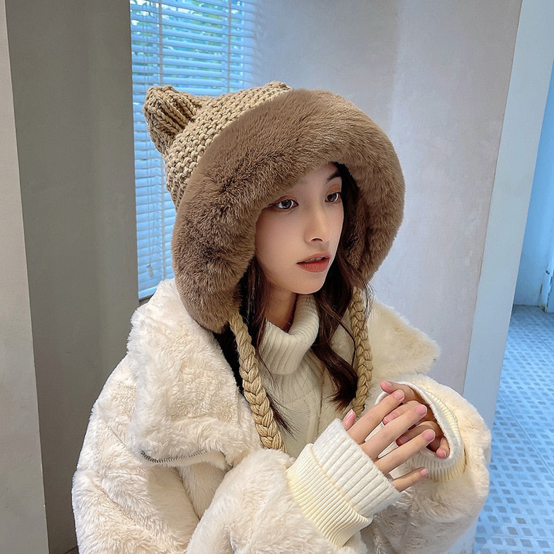 Winter Warm Kitty Ears Plush Wooly Hat Hood One Size Clothing and Accessories by The Kawaii Shoppu | The Kawaii Shoppu