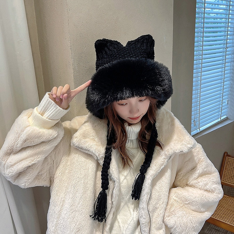 Winter Warm Kitty Ears Plush Wooly Hat Hood One Size Clothing and Accessories by The Kawaii Shoppu | The Kawaii Shoppu