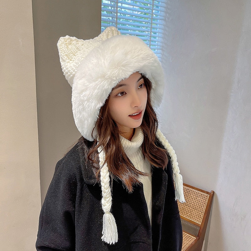 Winter Warm Kitty Ears Plush Wooly Hat Hood One Size Clothing and Accessories by The Kawaii Shoppu | The Kawaii Shoppu