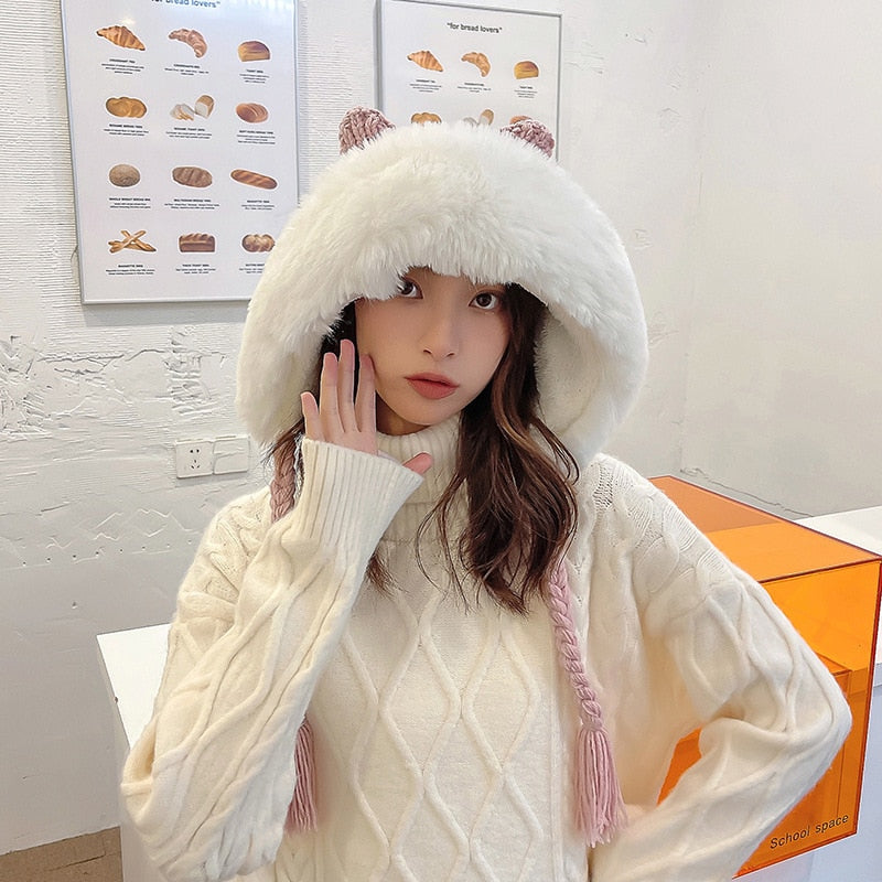 Winter Warm Kitty Ears Plush Wooly Hat Hood One Size Clothing and Accessories by The Kawaii Shoppu | The Kawaii Shoppu