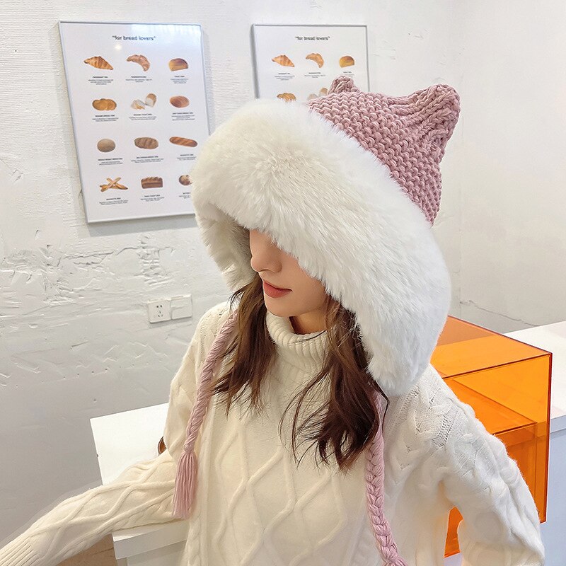 Winter Warm Kitty Ears Plush Wooly Hat Hood Pink One Size Clothing and Accessories by The Kawaii Shoppu | The Kawaii Shoppu