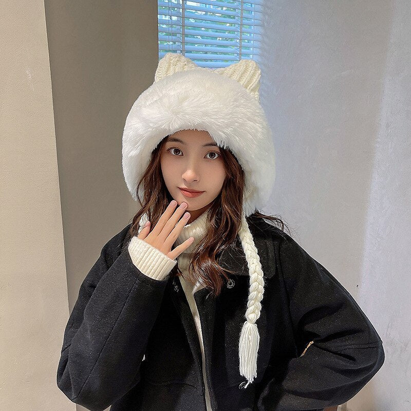 Winter Warm Kitty Ears Plush Wooly Hat Hood White One Size Clothing and Accessories by The Kawaii Shoppu | The Kawaii Shoppu