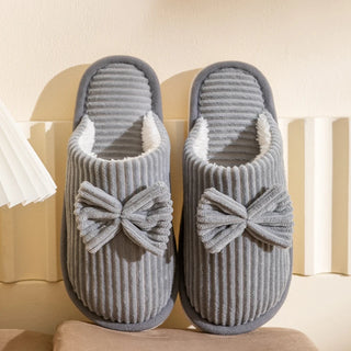 Women’s Corduroy Bow Plush Slippers – Soft Warm Indoor Winter Home Shoes