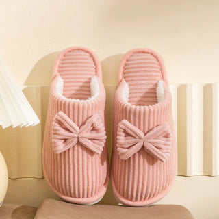Women’s Corduroy Bow Plush Slippers – Soft Warm Indoor Winter Home Shoes