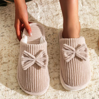 Women’s Corduroy Bow Plush Slippers – Soft Warm Indoor Winter Home Shoes