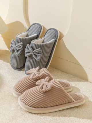 Women’s Corduroy Bow Plush Slippers – Soft Warm Indoor Winter Home Shoes