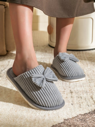 Women’s Corduroy Bow Plush Slippers – Soft Warm Indoor Winter Home Shoes
