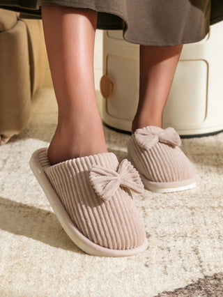 Women’s Corduroy Bow Plush Slippers – Soft Warm Indoor Winter Home Shoes