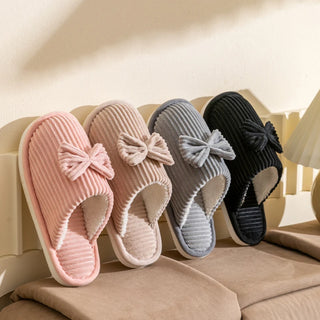 Women’s Corduroy Bow Plush Slippers – Soft Warm Indoor Winter Home Shoes