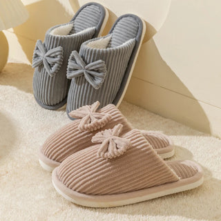 Women’s Corduroy Bow Plush Slippers – Soft Warm Indoor Winter Home Shoes
