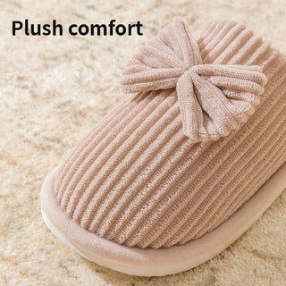Women’s Corduroy Bow Plush Slippers – Soft Warm Indoor Winter Home Shoes