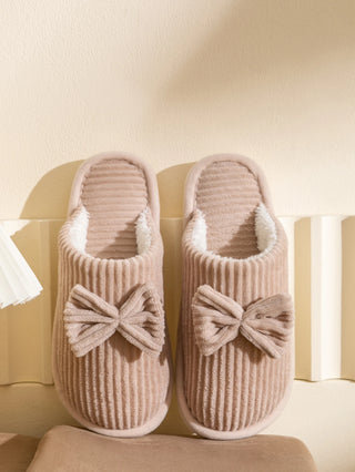 Women’s Corduroy Bow Plush Slippers – Soft Warm Indoor Winter Home Shoes