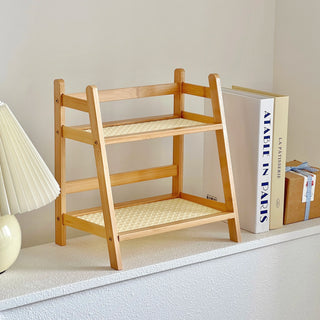 Wooden Rattan Desktop Storage Shelf