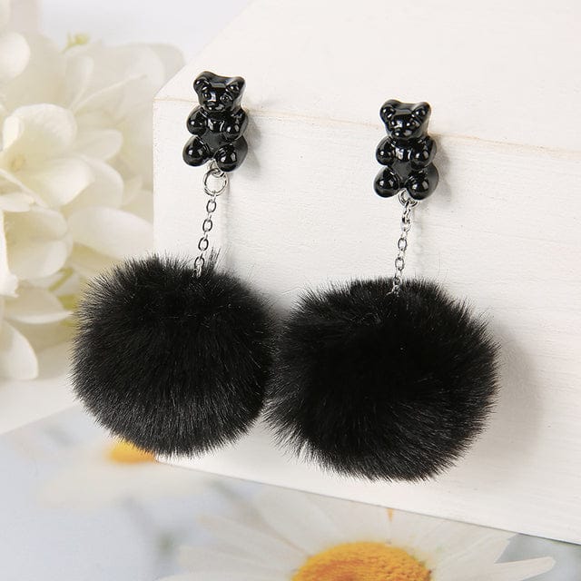 1Pair Pom Pom Bear Kawaii Earrings black Jewellery The Kawaii Shoppu