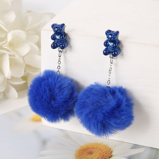 1Pair Pom Pom Bear Kawaii Earrings navy blue Jewellery The Kawaii Shoppu