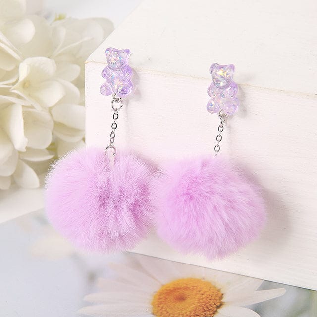 1Pair Pom Pom Bear Kawaii Earrings purple Jewellery The Kawaii Shoppu