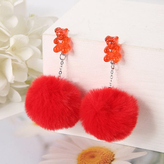1Pair Pom Pom Bear Kawaii Earrings red Jewellery The Kawaii Shoppu