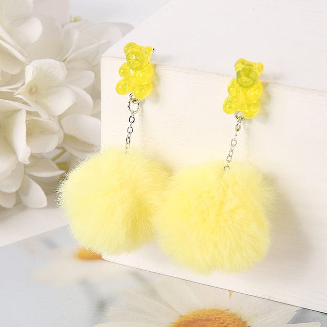 1Pair Pom Pom Bear Kawaii Earrings yellow Jewellery The Kawaii Shoppu