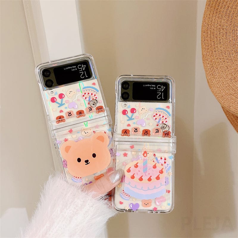 Cute Fluffy Heart Pompom Hand Rope Solid Phone Case For Samsung Z Flip 3