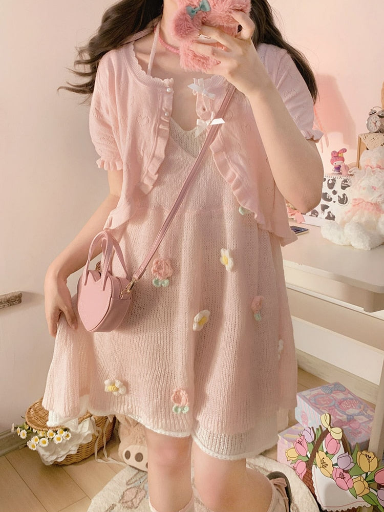 Floral Sweet Girl Knitted Pink Dress Cardigan Set – The Kawaii Shoppu
