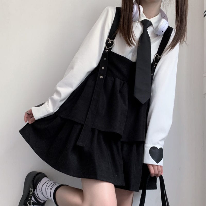 Kawaii Girl Ruffled Suspender Skirt (Black, Blue)
