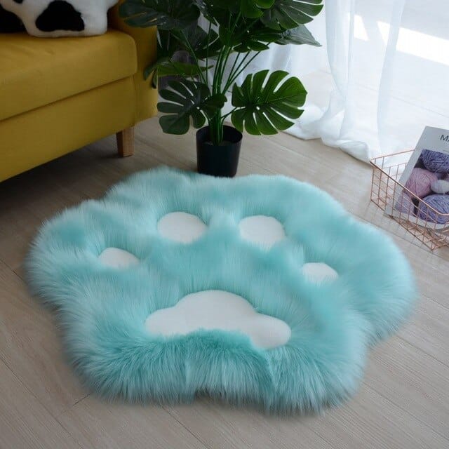 Cat Paw Fluffy Carpet Rug 90x90cm Blue White null The Kawaii Shoppu