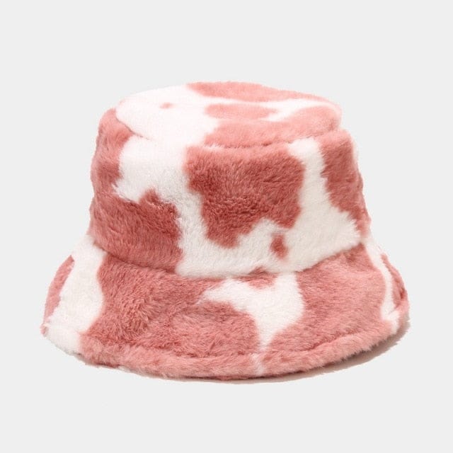 Cow Print Plush Bucket Hat Pink Clothing and Accessories The Kawaii Shoppu