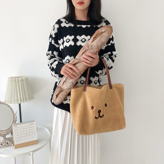 Cute Bear Soft Plush Shoulder Shopping Tote Bag Khaki Bags The Kawaii Shoppu