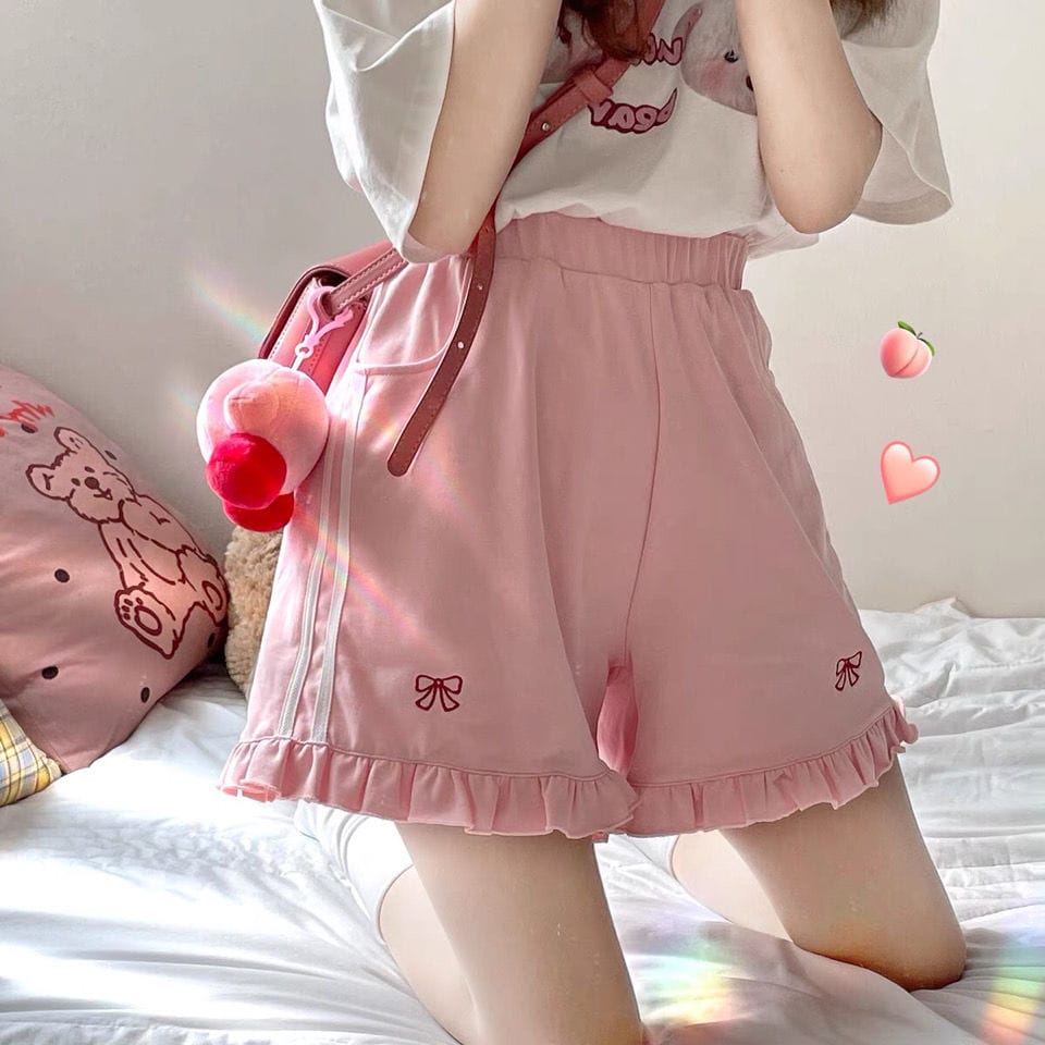 Cute Bow Kawaii Aesthetic Loose High Waist Shorts Pink Clothing and Accessories The Kawaii Shoppu